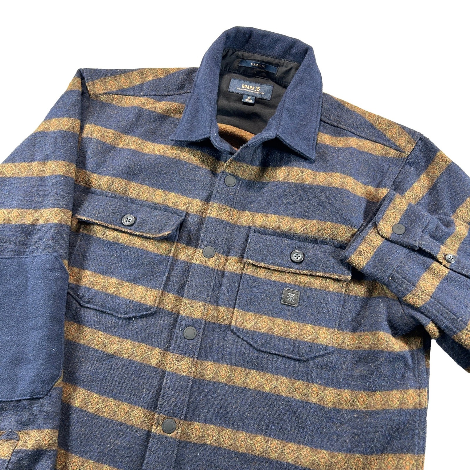 Roark Flannel Shirt Jacket Men Medium Blue Brown Striped Elbow Patches Poly Wool