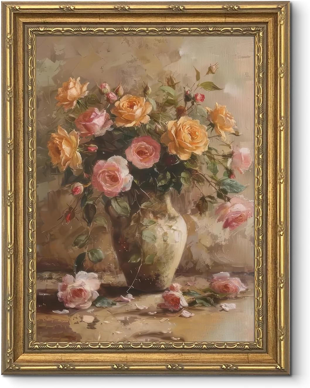 Romantic Still Life Pink Roses in Vase, Oil Painting Style Step Tiered Gold Fram