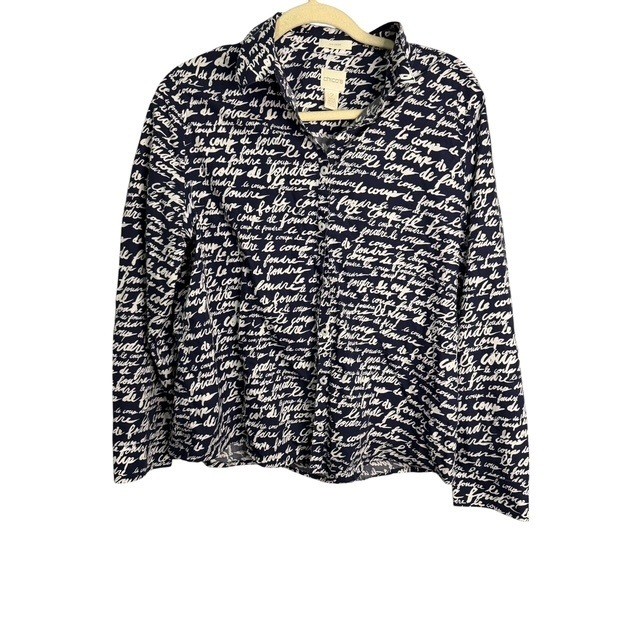 Chicos Blouse Women\'s Large No Iron Button French Script Blue White Chico\'s 2