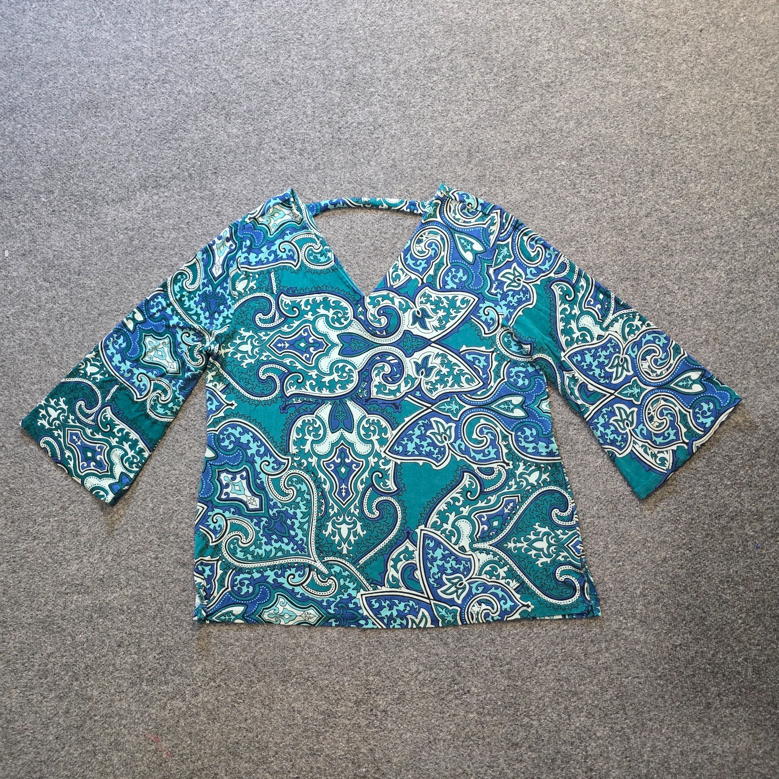 Chicos Top 14 Blue Green Paisley Flare Sleeve Travelers Stretch No Iron Casual