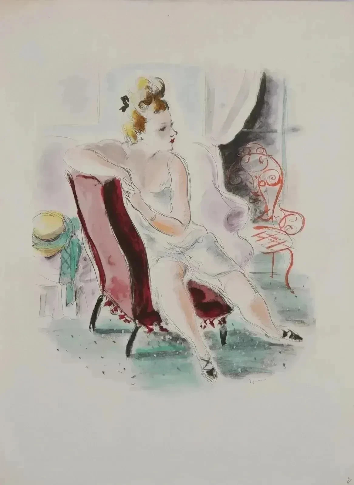 André Dignimont: The Red Armchair, Original Signed Lithograph, 1946