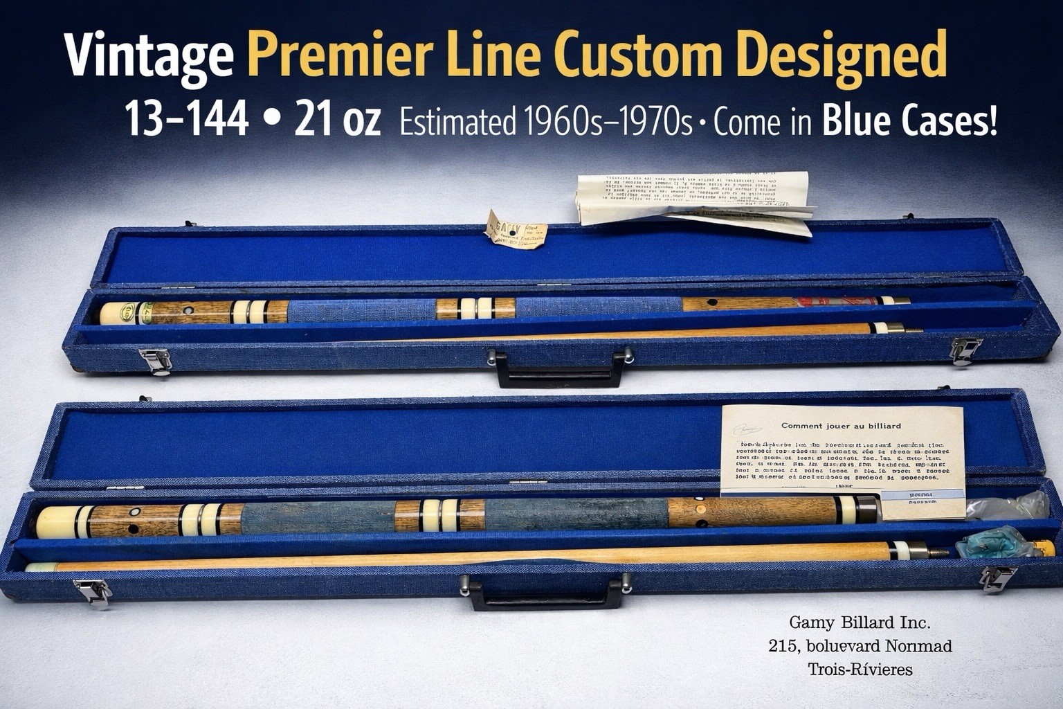 Lot of 2 Vintage Premier Line 21oz Pool Cue Sticks Model 13-144 w/ Blue Cases