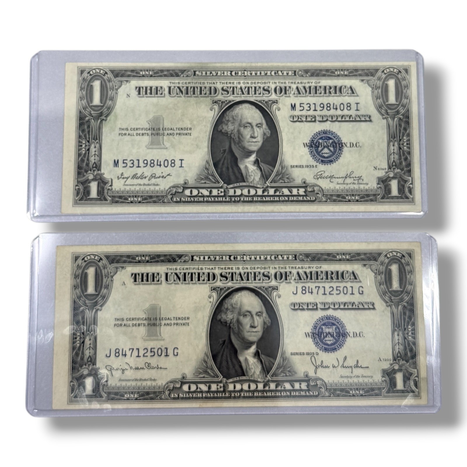 Set of 2 Vintage 1935 D & 1935 E US One Dollar Silver Certificates Blue Seal