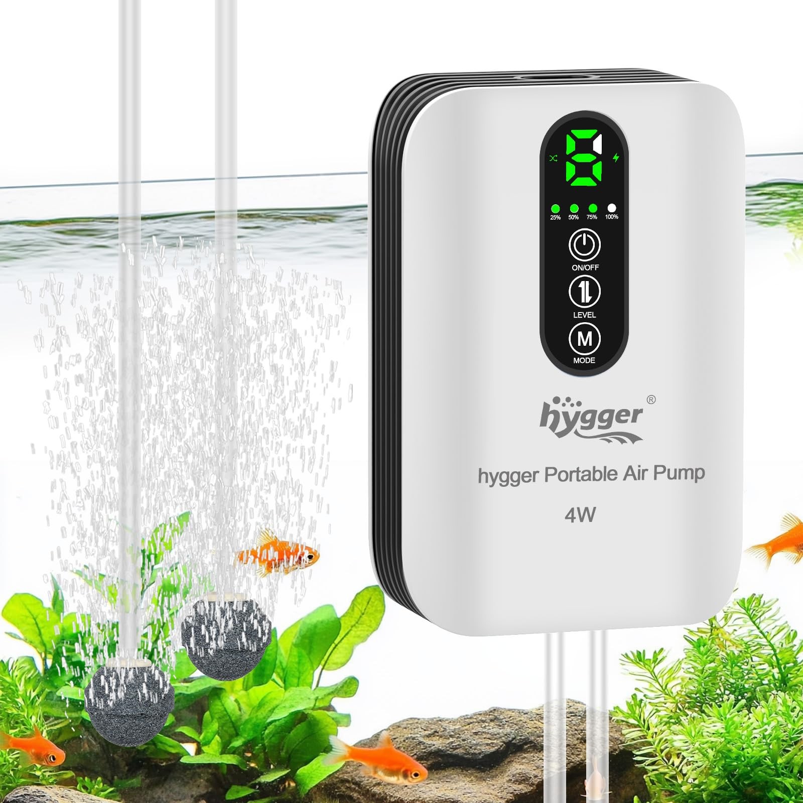 Hygger Battery Powered Aquarium Air Pump 10-120Gal Quiet USB Rechargeable Adjust