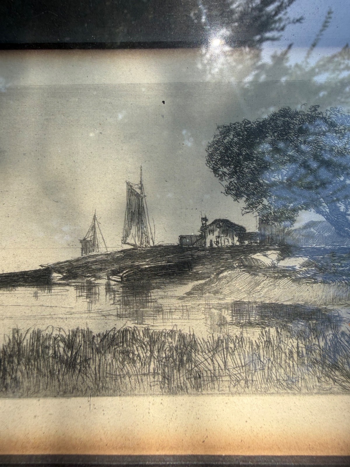 Antique Pencil Signed River Landscape Etching Framed Panoramic Scene MAY