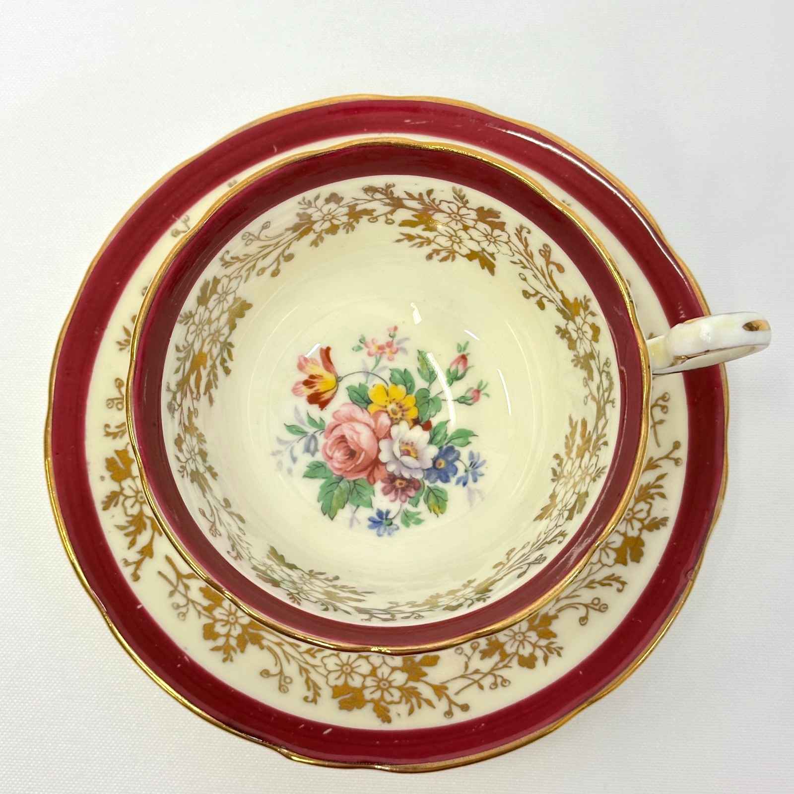 Aynsley Coventry Burgundy Teacup Saucer Gold Floral Bone China England