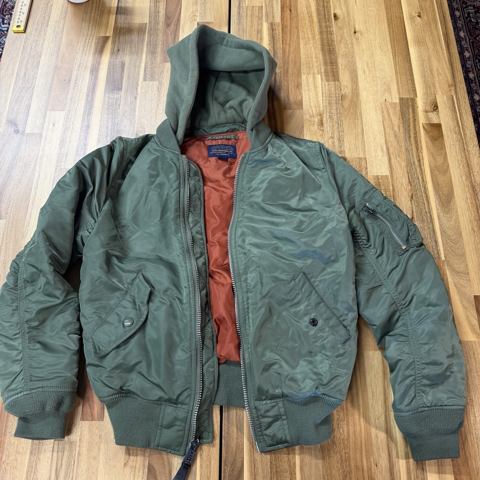 Alpha Industries MA-1 Hooded Bomber Jacket XS Flight Green Orange Lined Military Alpha Industries MA-1 Hooded Bomber Jacket XS Flight Green Orange Lined Military