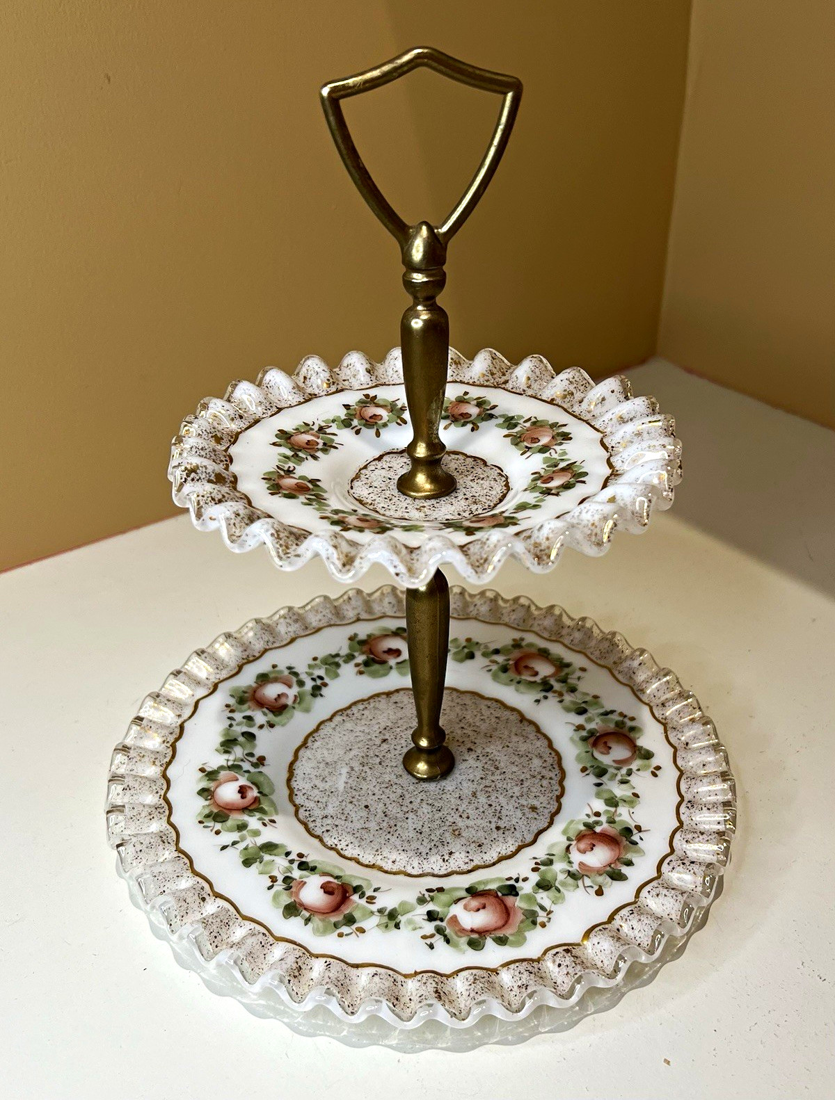 Vintage Fenton Tiered Tray - milky Glass Tiered Stand Floral Ruffled Edge RARE Vintage Fenton Tiered Tray - milky Glass Tiered Stand Floral Ruffled Edge RARE