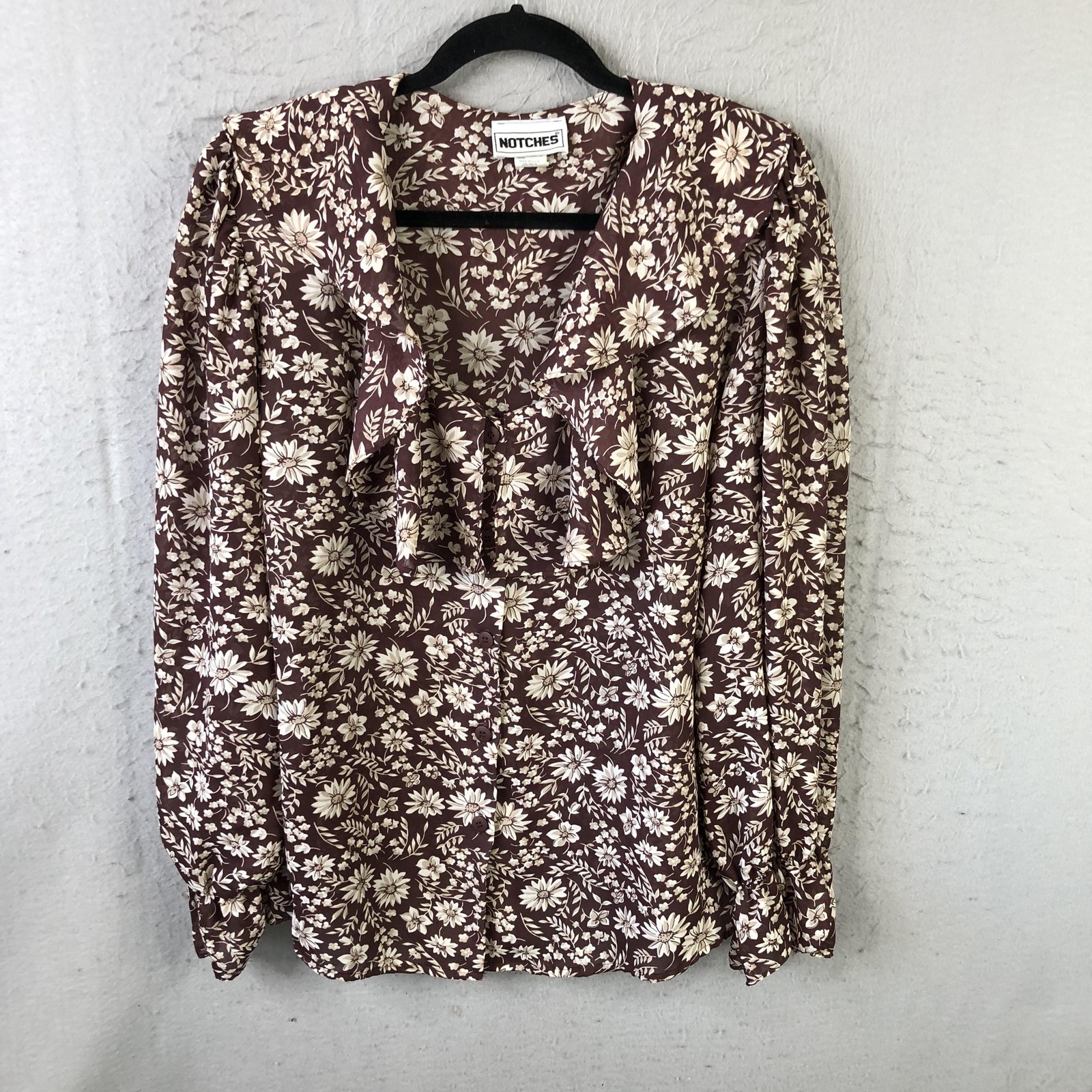 Vintate Feminine Top Womens L Brown Floral Ruffle V Neck Button Long Sleeve Boho