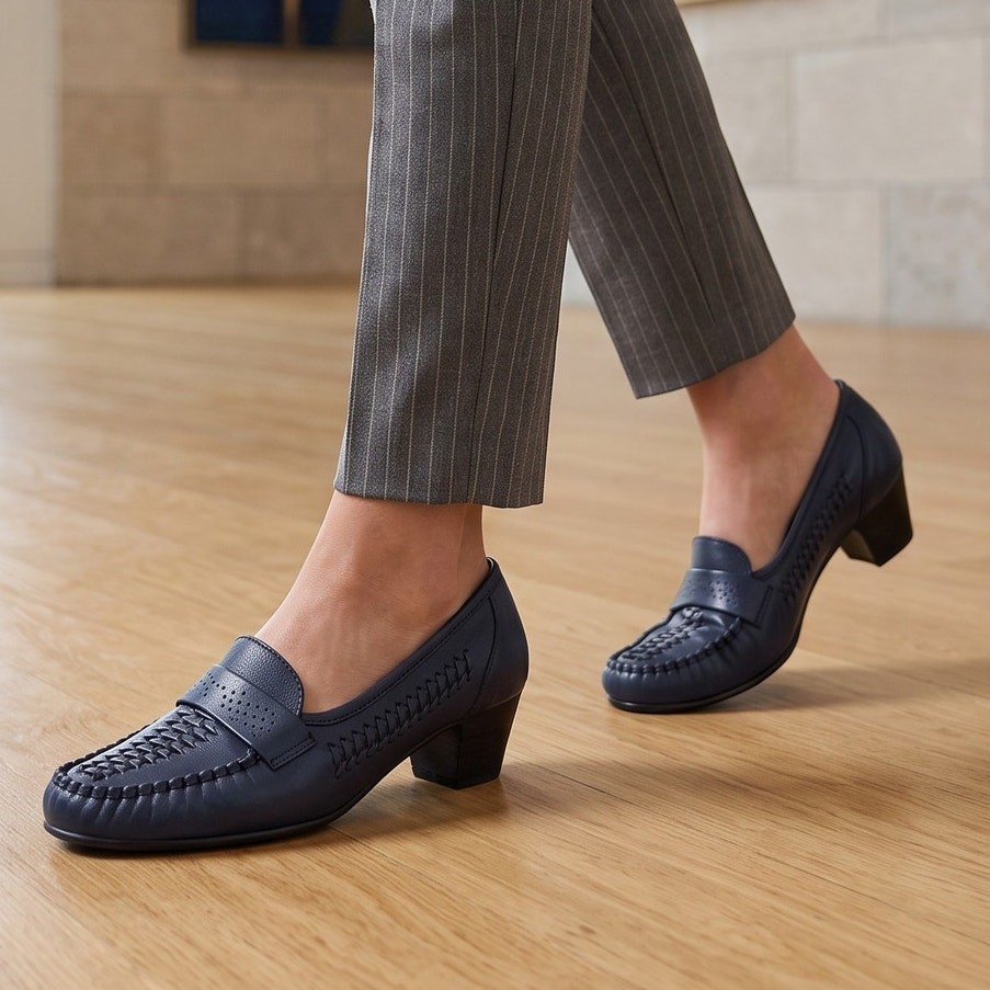 Vintage Cobbie\'s Navy Leather Woven Heeled Loafers Preppy Retro Womens Size 7W