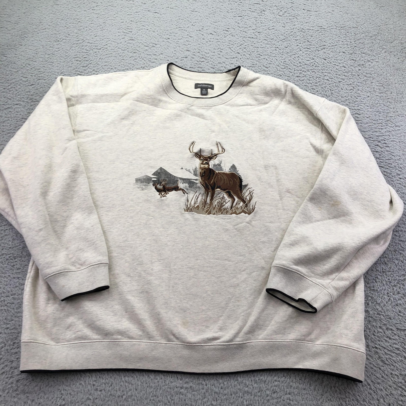 Vintage Croft & Barrow Sweatshirt Mens XL Beige Fleece Crewneck Deer Hunting