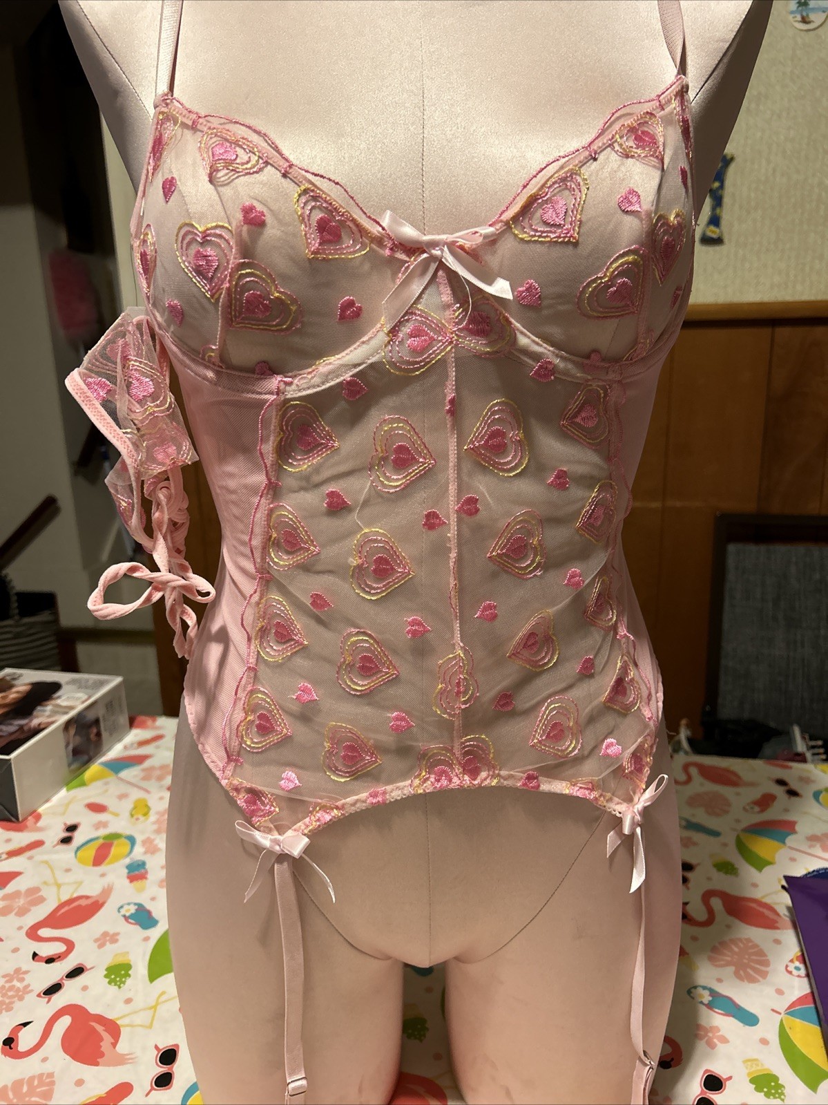 Ellolace Love Heart Lace BRA GARTER BUSTIER CORSET G-string Panties Small