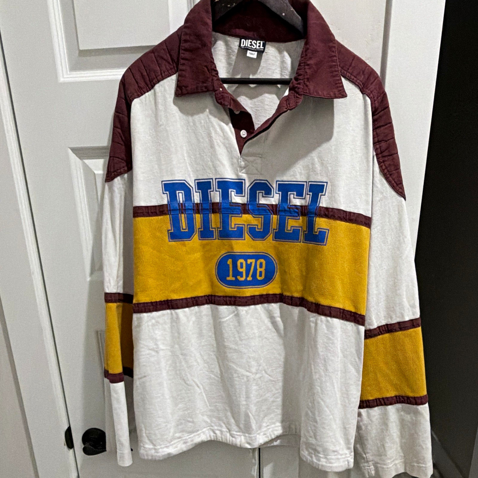 Diesel Men\'s XL White/Burgundy/Yellow/Blue Colorblock Long Sleeve Polo Shirt Diesel Men\'s XL White/Burgundy/Yellow/Blue Colorblock Long Sleeve Polo Shirt