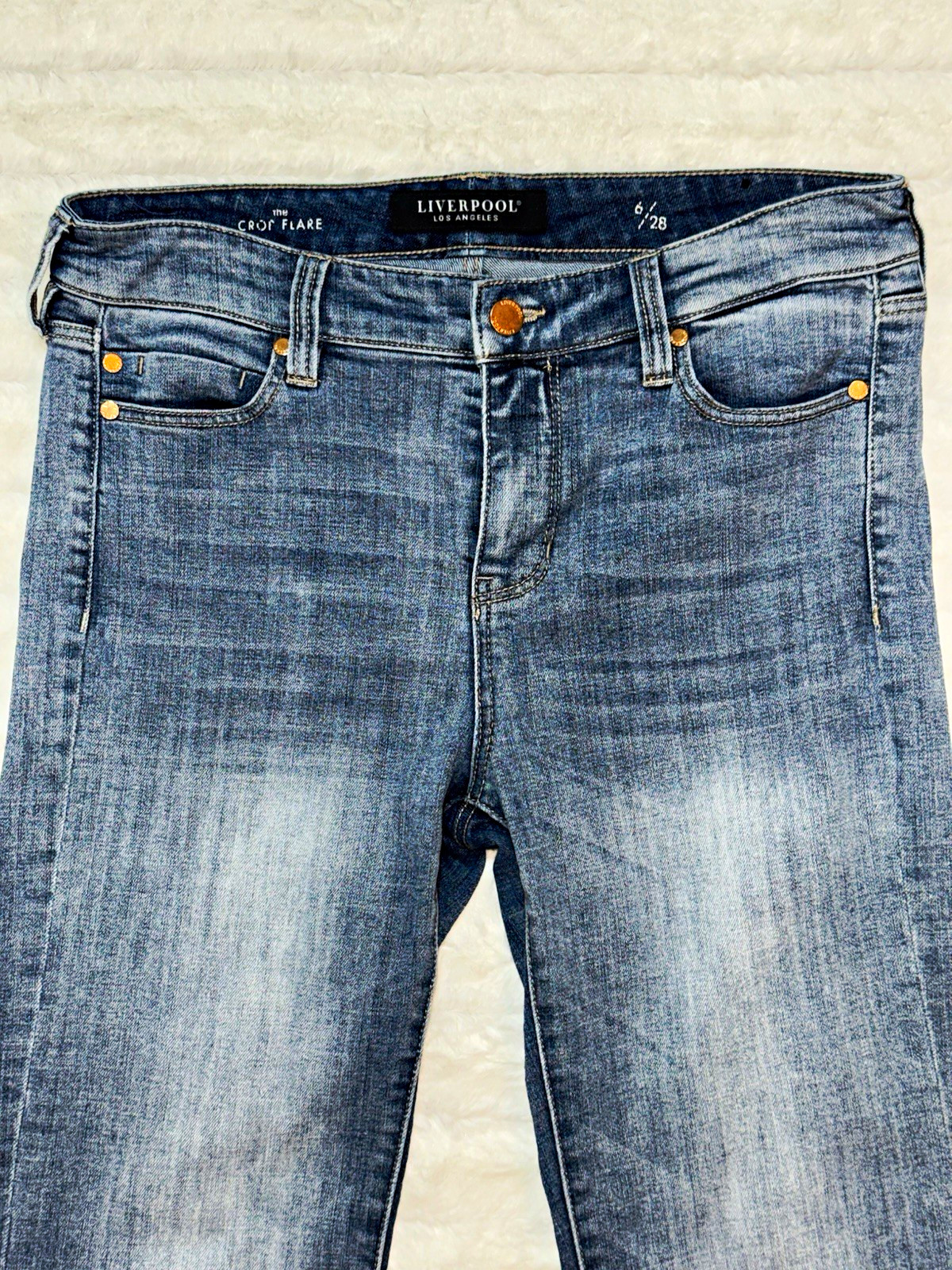 Liverpool Los Angeles Women’s Blue Denim Jeans Cropped Flare Medium Wash Size 6 Liverpool Los Angeles Women’s Blue Denim Jeans Cropped Flare Medium Wash Size 6