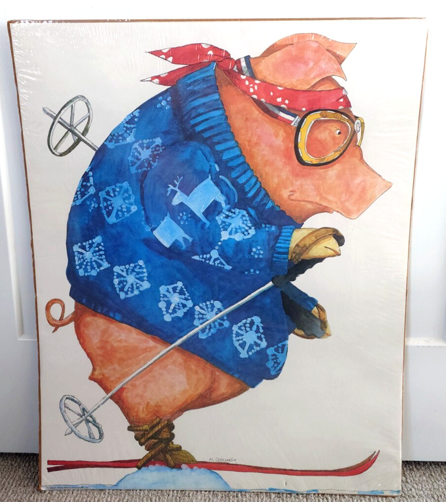 Vintage 1976 Ski Pig Poster Chauncey Kindergraphics 22x28 Sealed Winter Skiing
