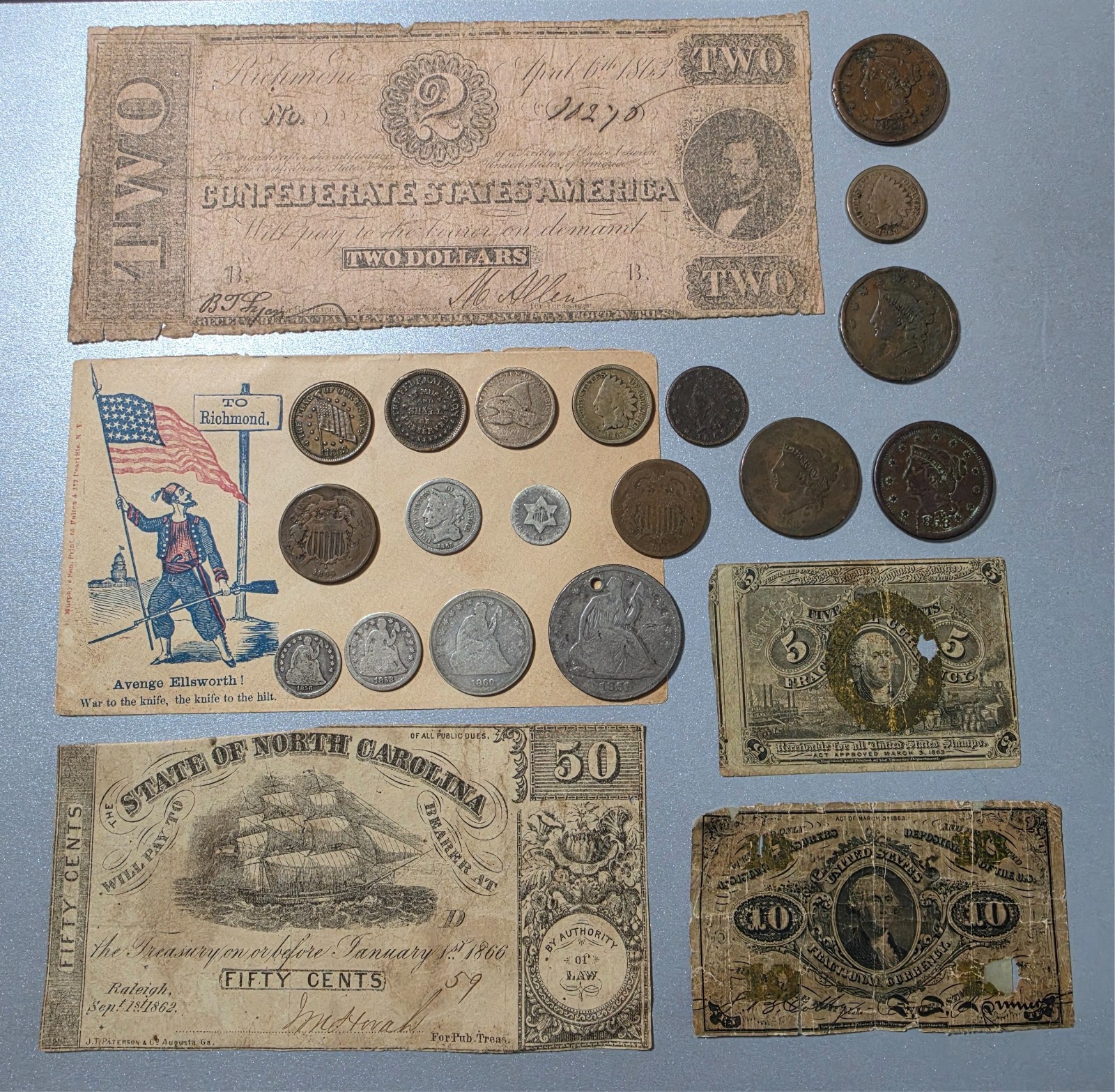 1861 1863 Civil War US Type Set Lot Culls Seated Half Large Cents North Carolina