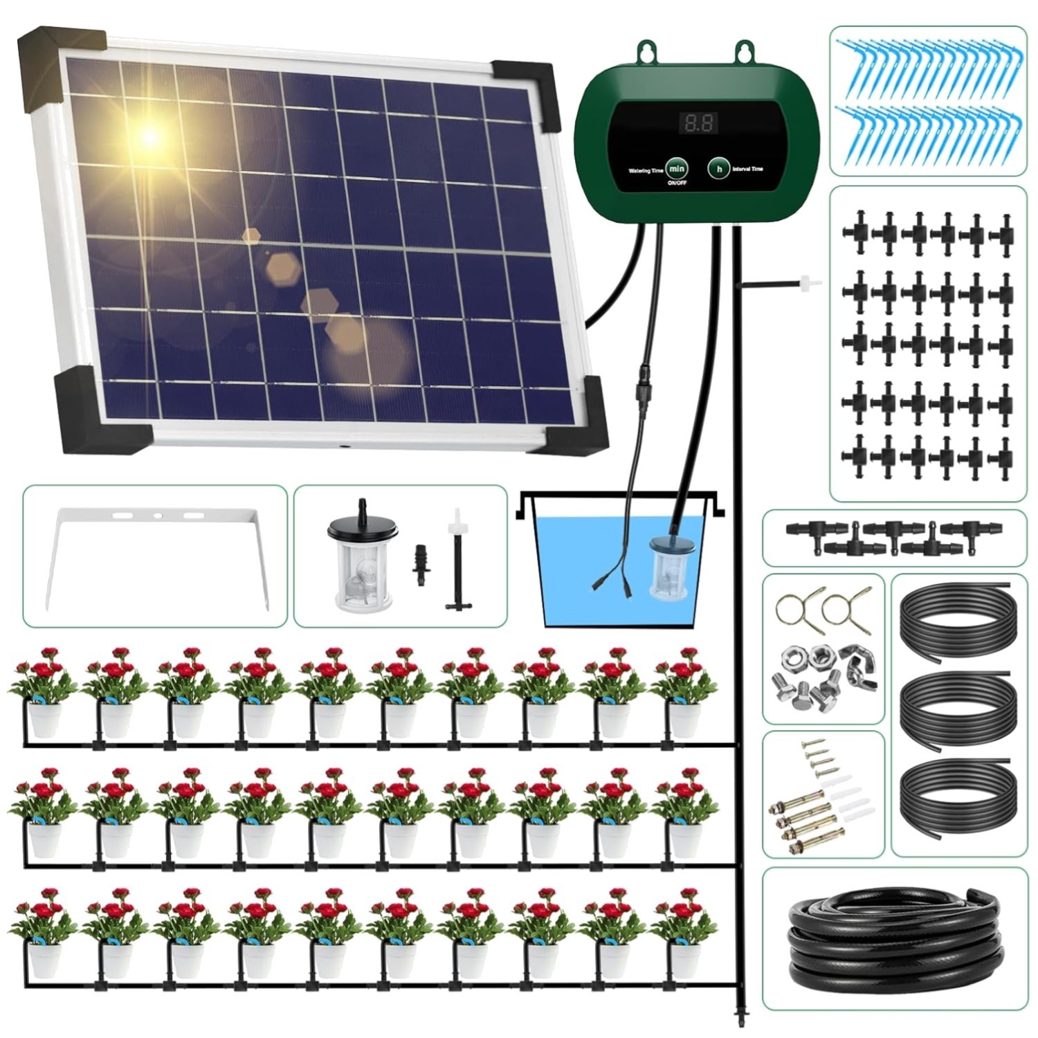 Solar Drip Irrigation System, Automatic Greenhouse Watering Kit With 15M Hose Solar Drip Irrigation System, Automatic Greenhouse Watering Kit With 15M Hose