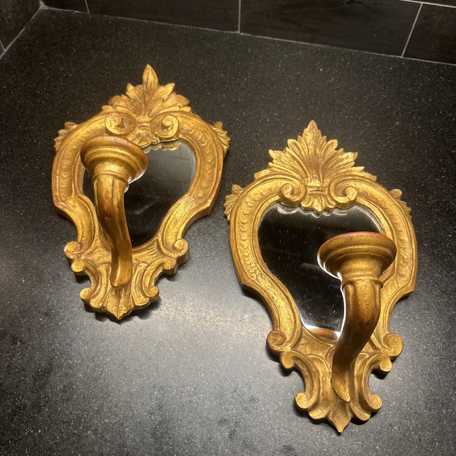 Italian Mirror Wall Sconces Pair 12.5” X 7.5” Gilded Wooden Gold Florence Marko Italian Mirror Wall Sconces Pair 12.5” X 7.5” Gilded Wooden Gold Florence Marko