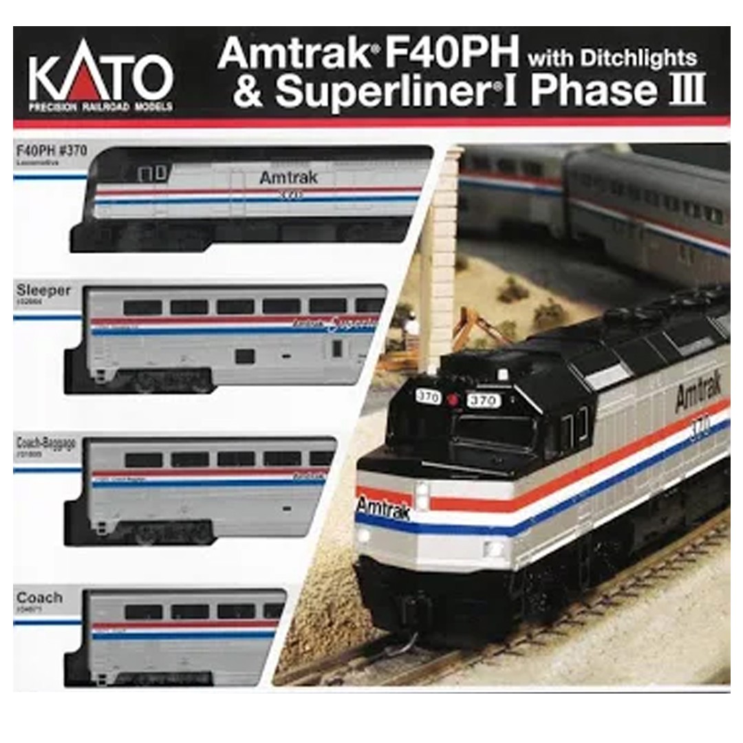 Kato 106-3530-DCC Amtrak F40PH & Superliner Phase III 4-Unit Set w/DCC N Scale Kato 106-3530-DCC Amtrak F40PH & Superliner Phase III 4-Unit Set w/DCC N Scale