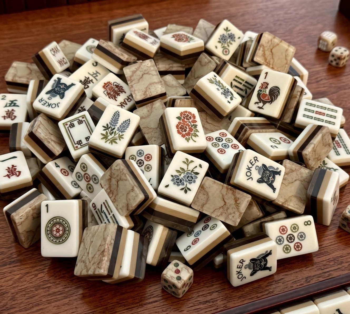 American Mahjong Tiles Set Vintage Floral Marble Beige Brown Back 3 Layer Tiles