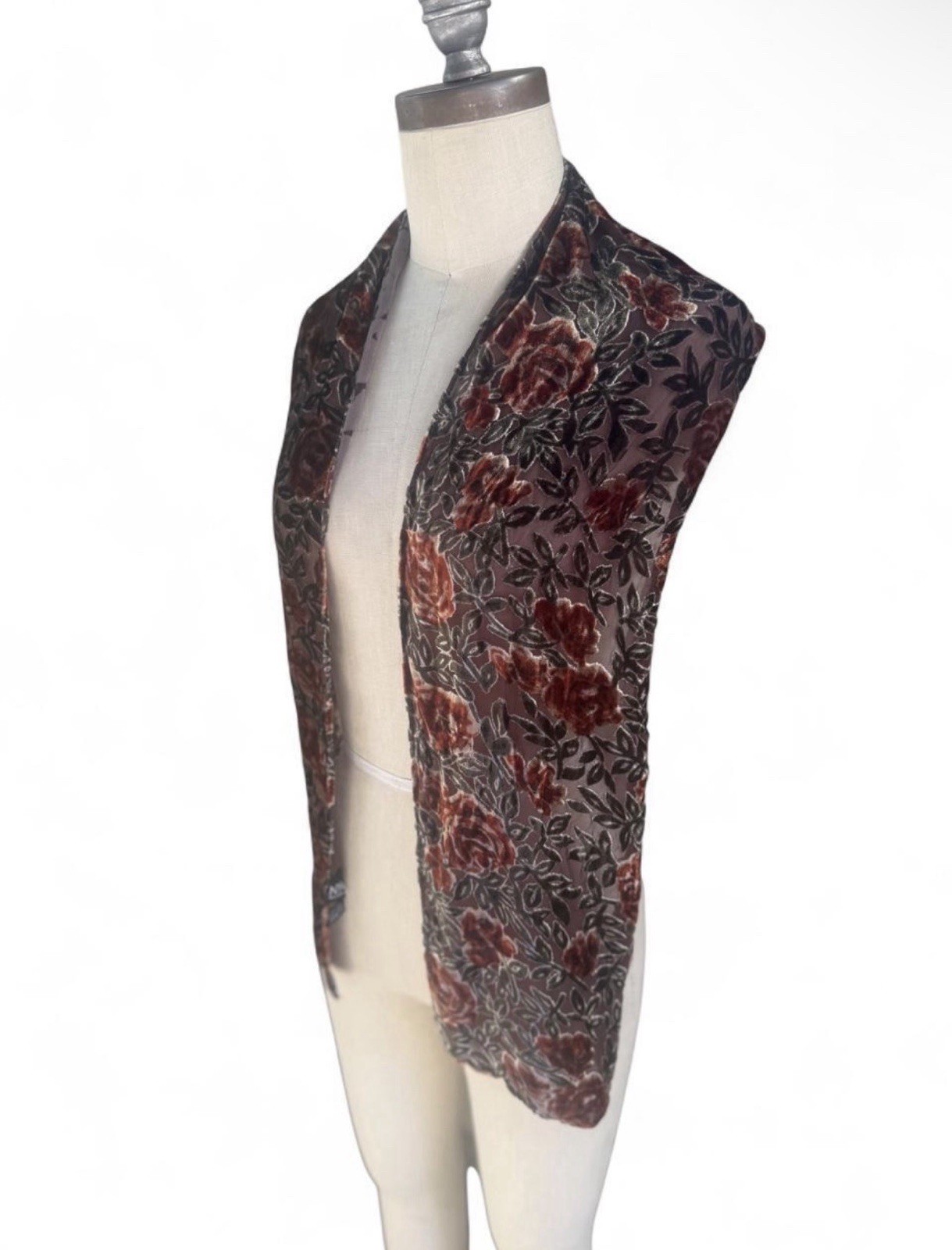 Vintage Velvet Burnout Floral Scarf Silk Blend Rose Pattern Devore Shawl Wrap