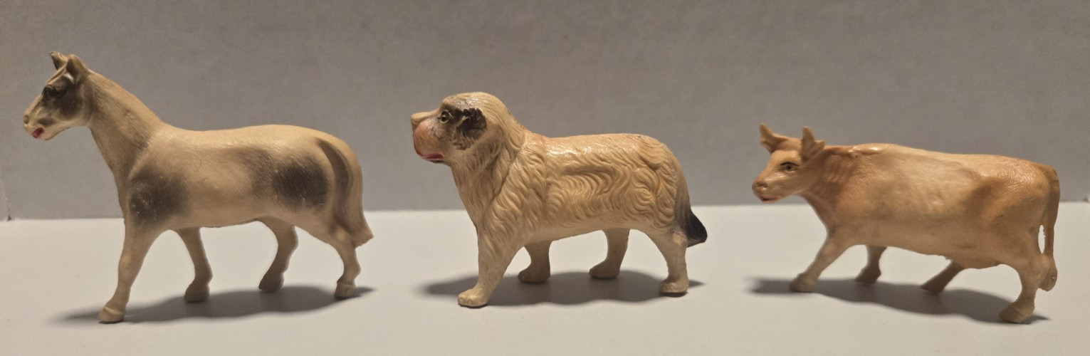 Vintage Celluloid Toys Farm Animals Hollow Body St Bernard Horse Cow Made In USA