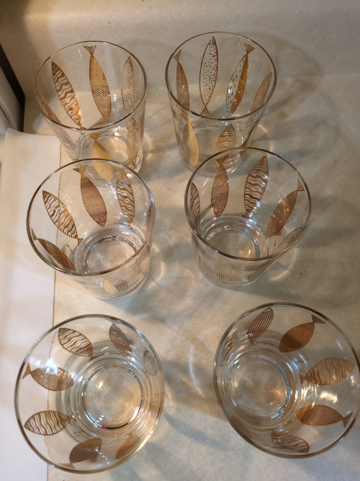 Vintage Fred Press Set 6 Highball Fish Glasses Gold MCM Mid Century
