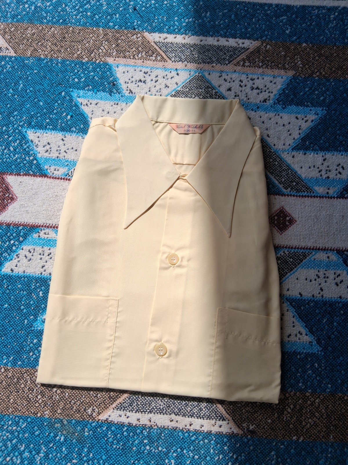 60s Hand Washable Dagger Loop Collar Rayon Shirt Medium Yellow Deadstock 60s Hand Washable Dagger Loop Collar Rayon Shirt Medium Yellow Deadstock