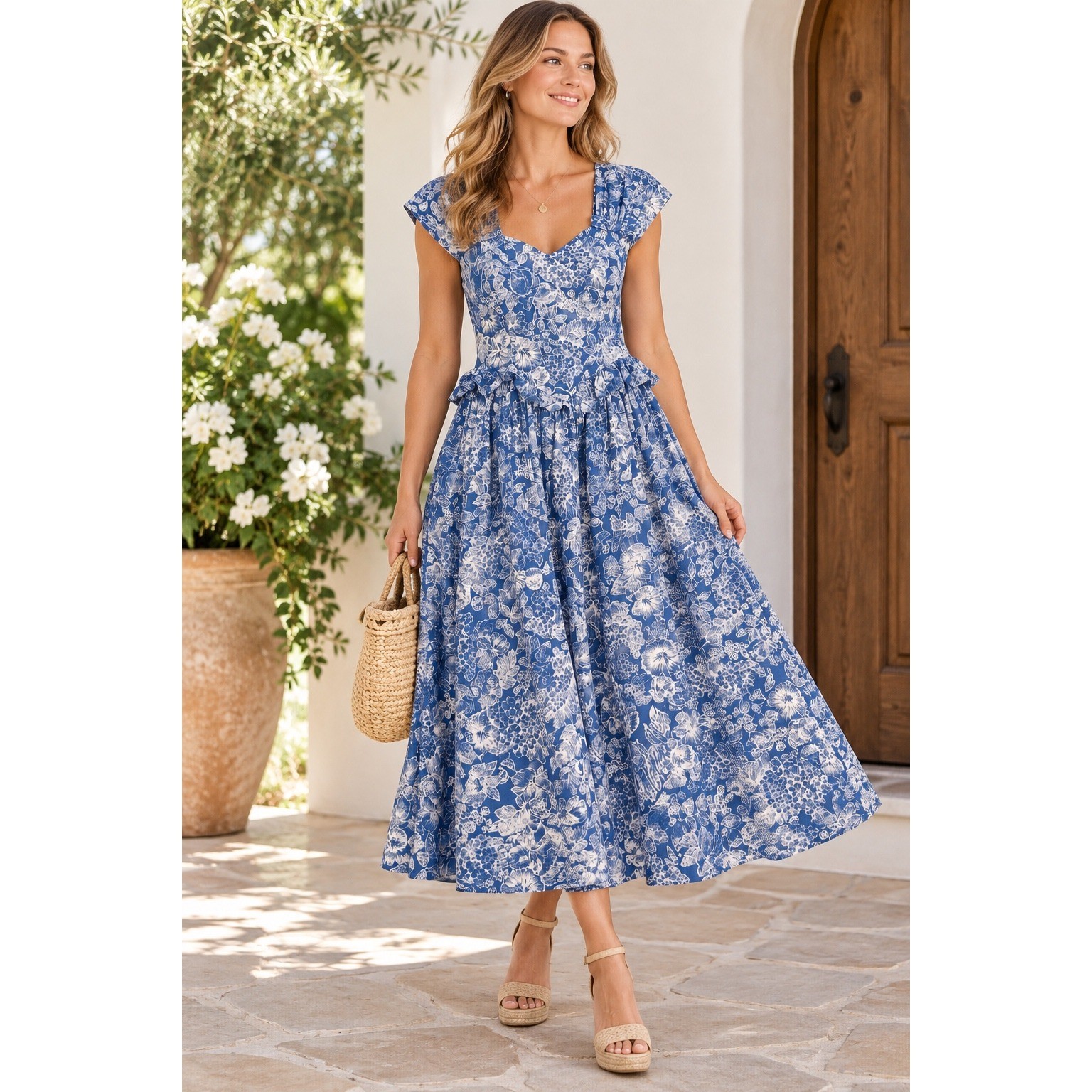 Laura Ashley Womens Floral Midi Dress Cotton Blue White Bow Peplum UK 16 US 14