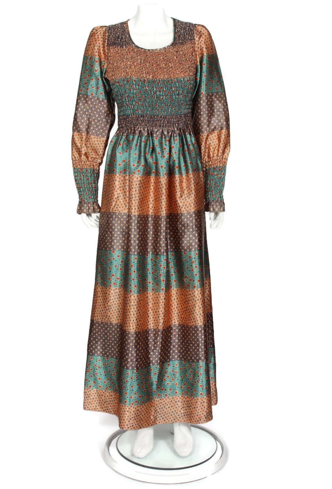 Vtg 70s I MAGNIN Patchwork Print Shiny Satin Smocked Prairie Dress sz M/L /073 Vtg 70s I MAGNIN Patchwork Print Shiny Satin Smocked Prairie Dress sz M/L /073