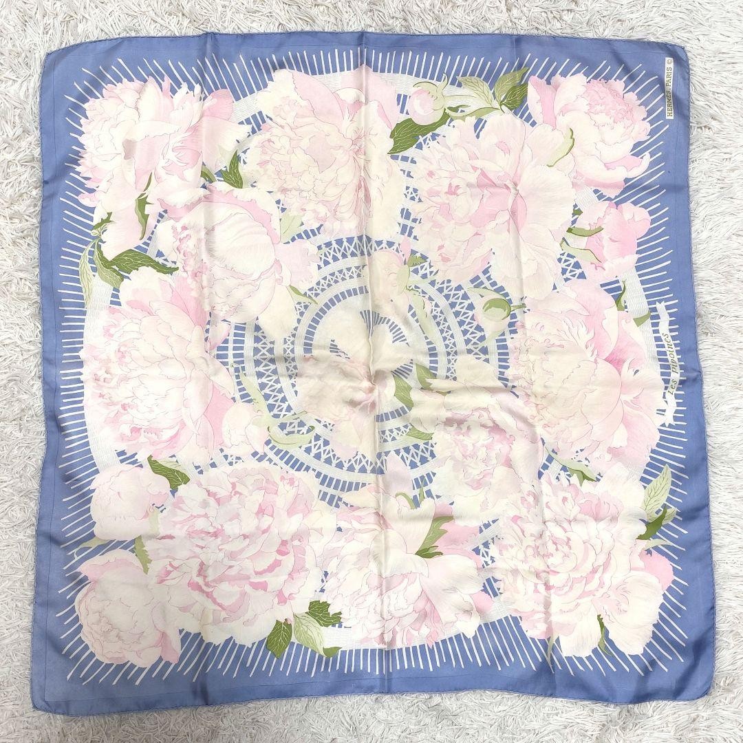 Hermes Carre 90 Les Pivoines Silk Scarf Blue Pink Floral Excellent