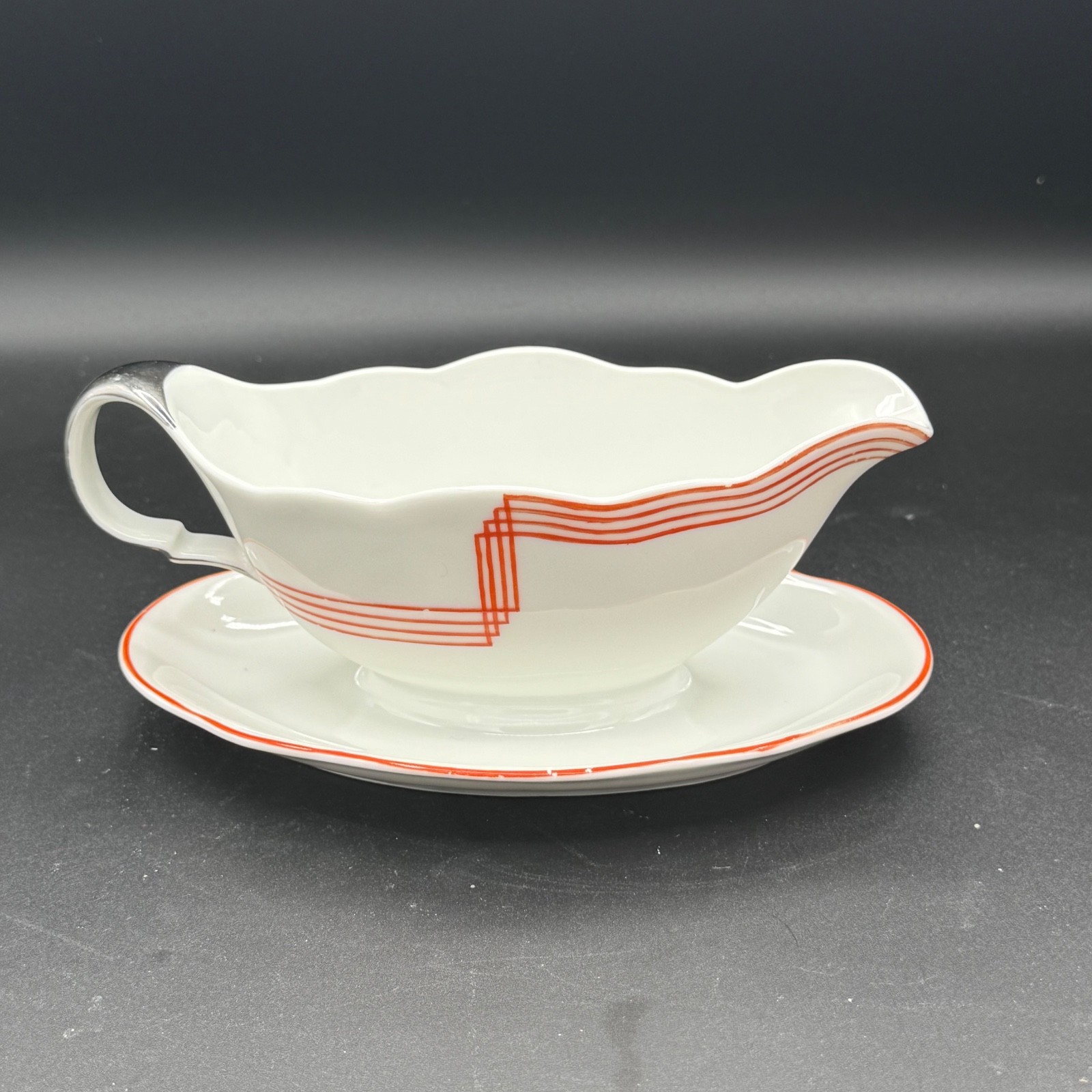 Vintage VISTA ALEGRE White Orange Stripes Gravy Boat Underplate Retro 1924-1947