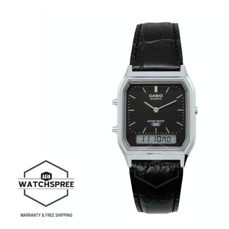 Casio Analog-Digital Dual Time Black Leather Strap Watch AQ-230EL-1A