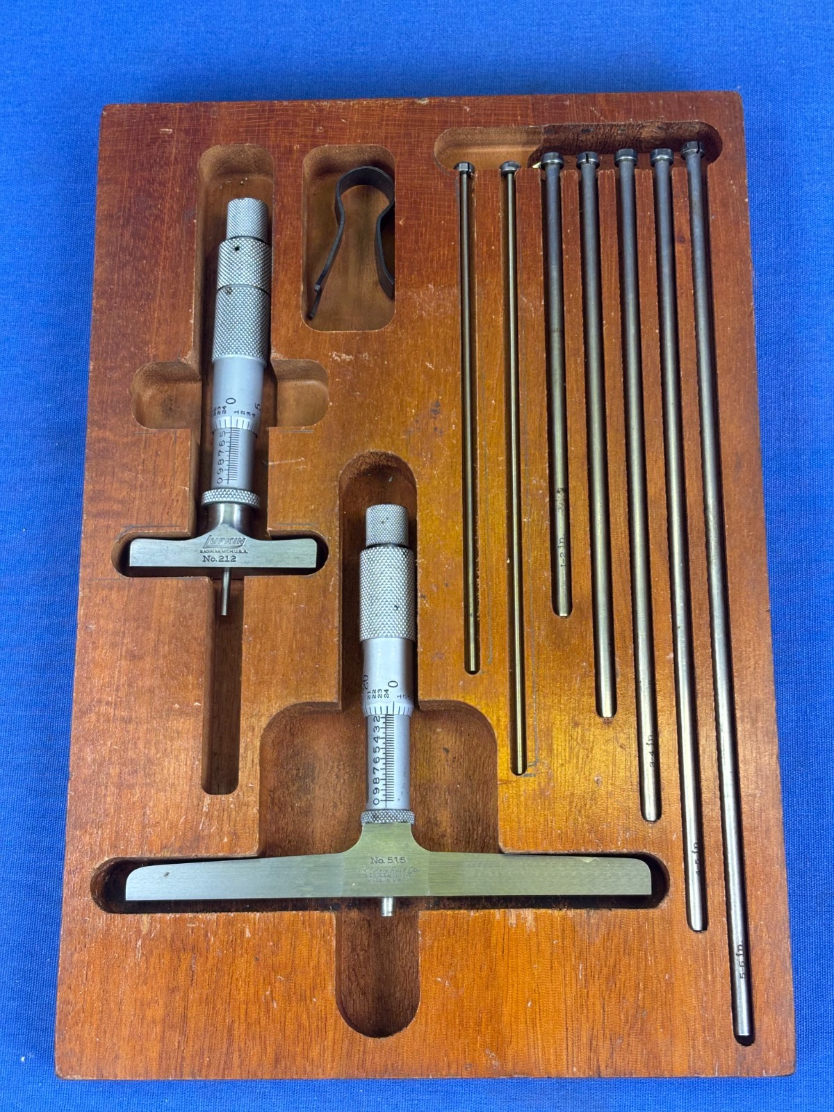 Vintage Lufkin Rule No. 515 & 212 Depth Micrometer Set + 9 Rods & Wooden Case