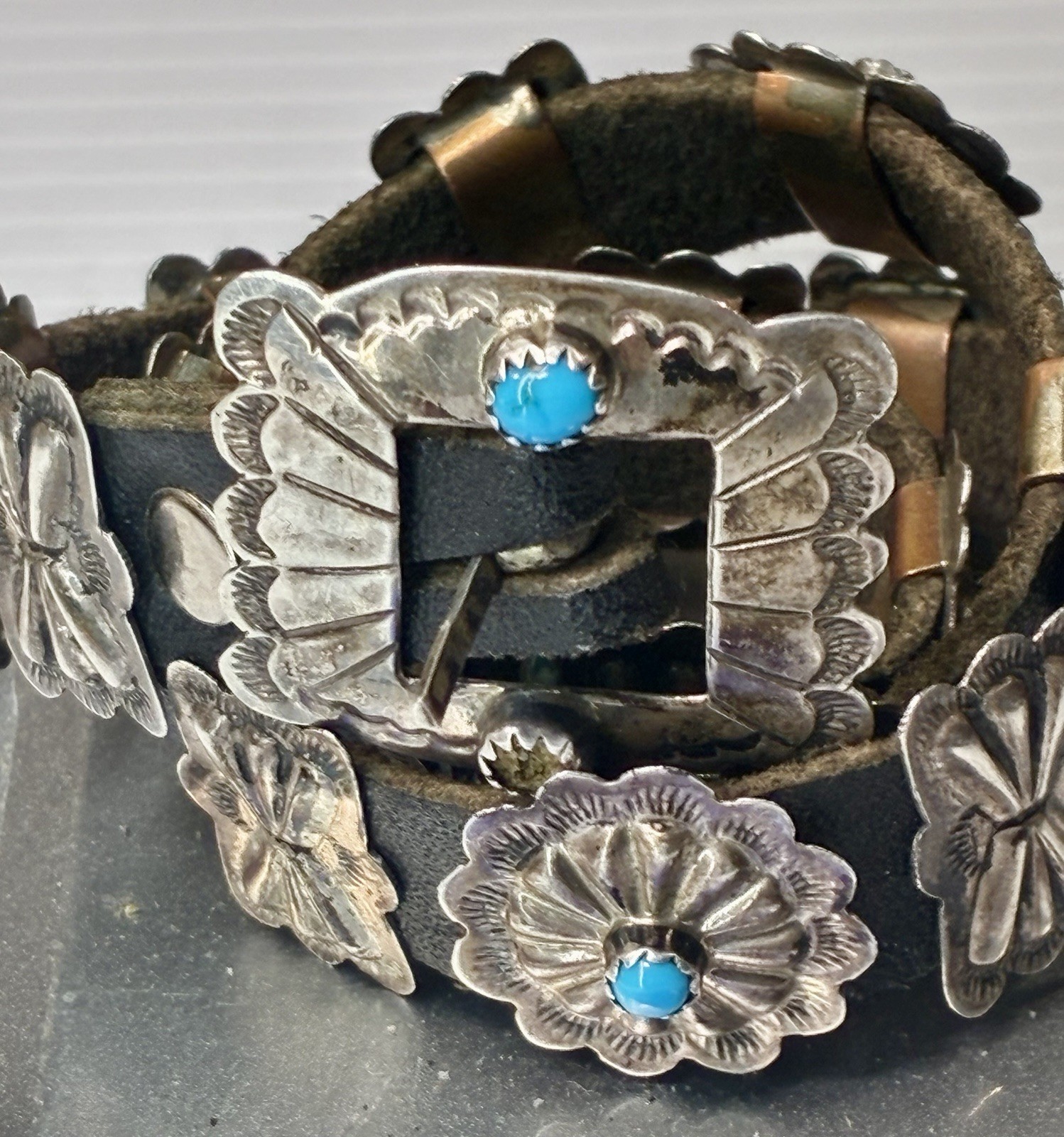 Large 17” 20 Piece Antique Vintage Sterling Silver And Turquoise Necklace Choker