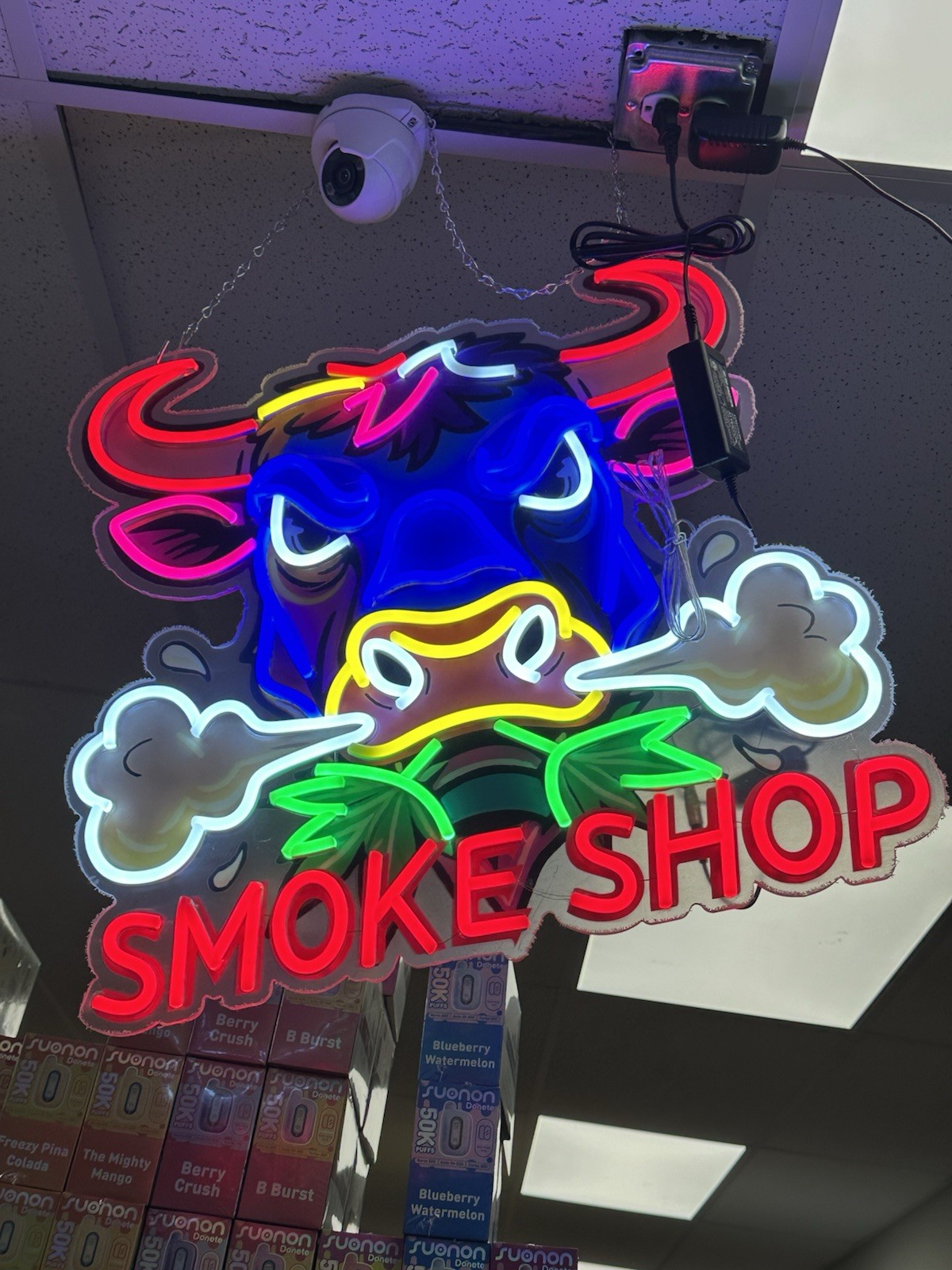 Neon BULL Smoke Shop Sign - Vibrant LED - Art With Clouds - Smoke Shop
