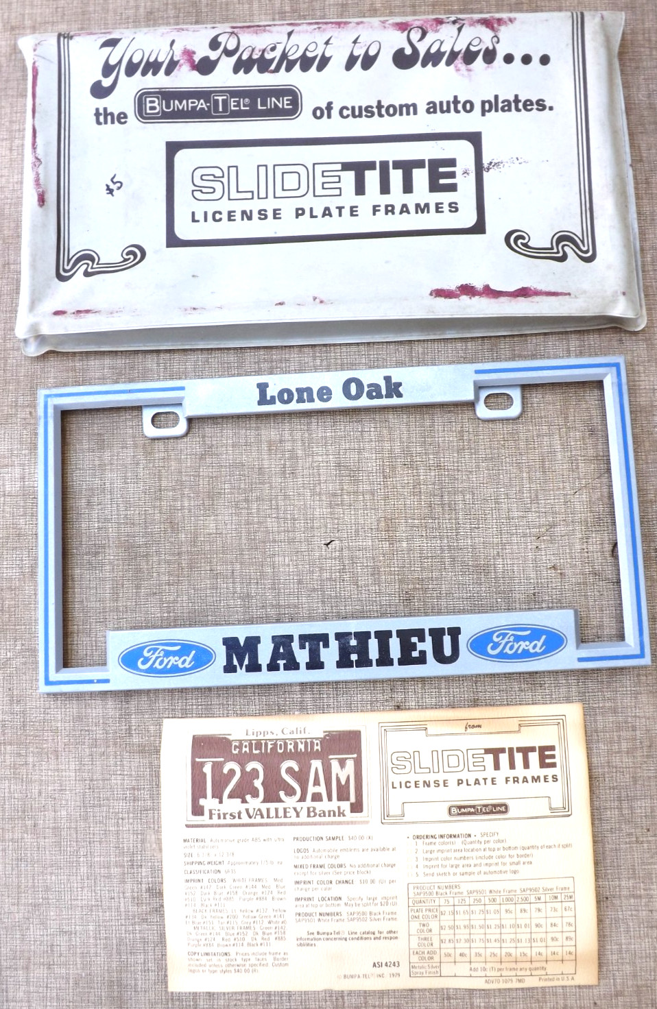 VINTAGE 1979 MATHIEU FORD LONE OAK LICENSE PLATE FRAME PLASTIC Winchendon MA VINTAGE 1979 MATHIEU FORD LONE OAK LICENSE PLATE FRAME PLASTIC Winchendon MA