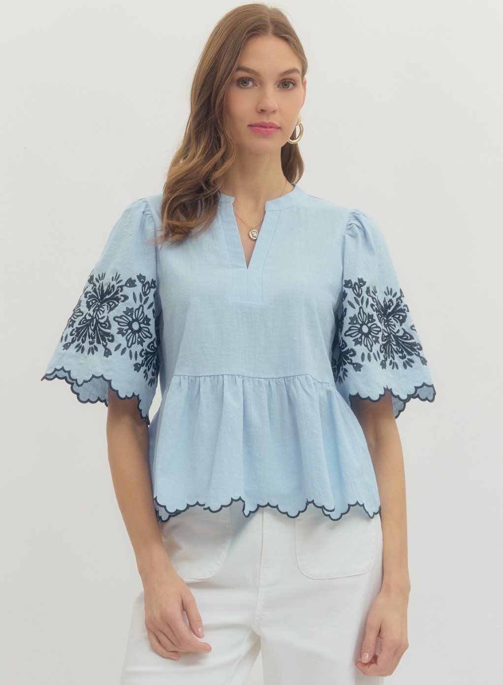 Entro Women’s Embroidered Scallop Trim Blouse Top in Sky Blue Entro Women’s Embroidered Scallop Trim Blouse Top in Sky Blue