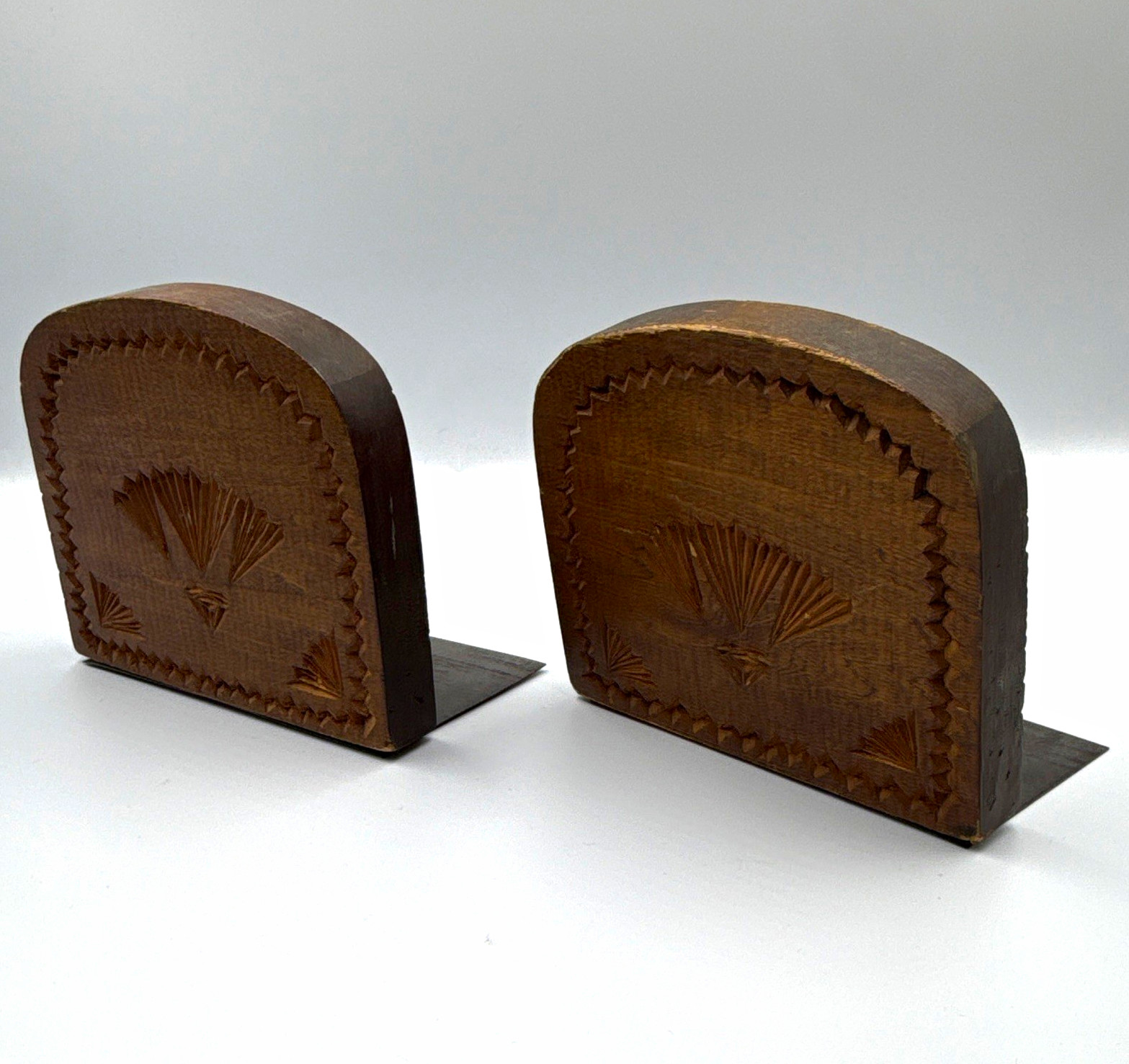 Vintage Hand Carved Wood Art Deco Fan Sunburst Bookends