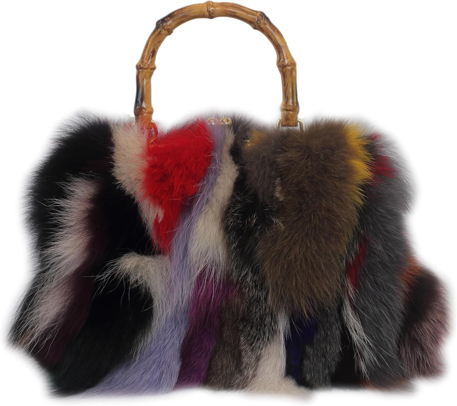 Real Fox Fur Handbag – Vintage Kisslock Purse with Bamboo Handle, Patchwork from