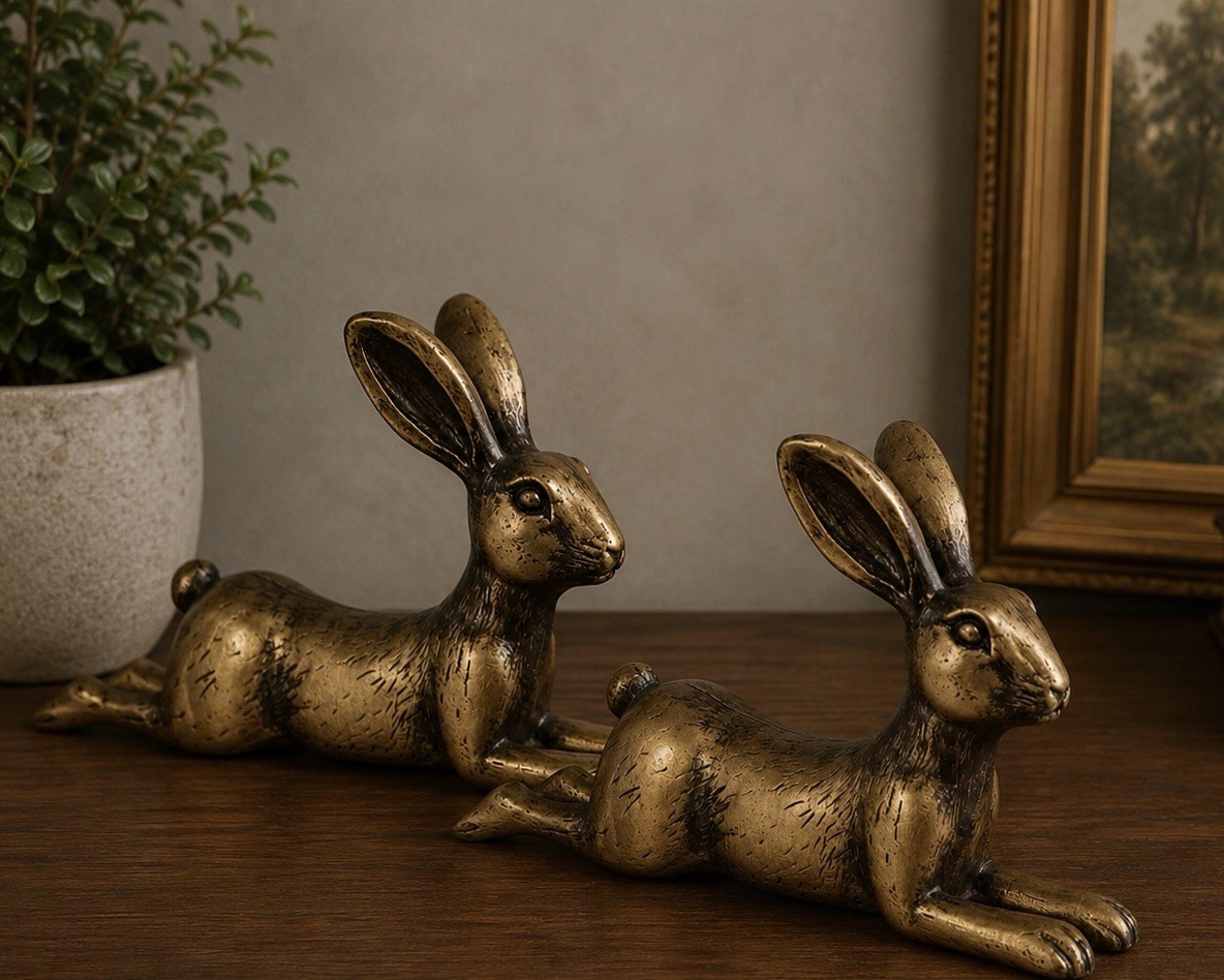 TWO Antique Gold Bunny Rabbit Bookends Vintage Style Bookends Figurines TWO Antique Gold Bunny Rabbit Bookends Vintage Style Bookends Figurines