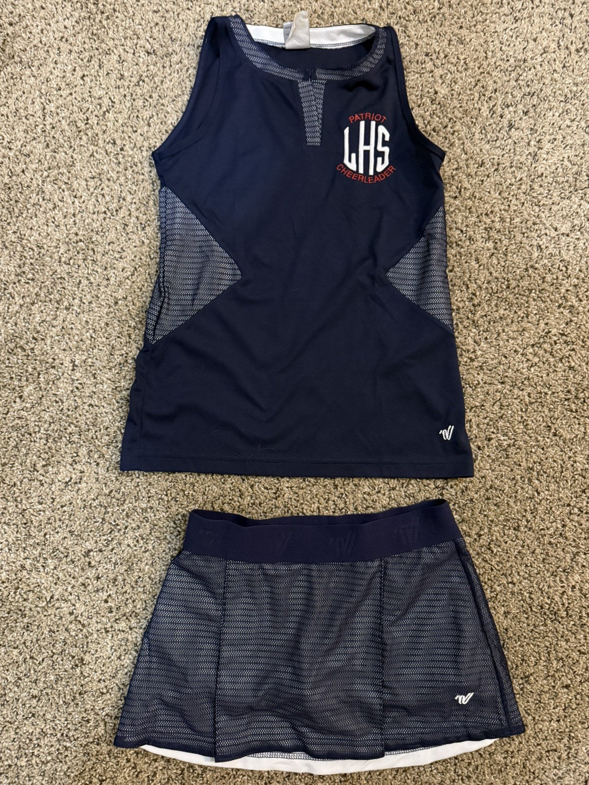 Varsity Spirit LHS Cheerleading Uniform Top Skirt Navy White Red Patriots EUC 