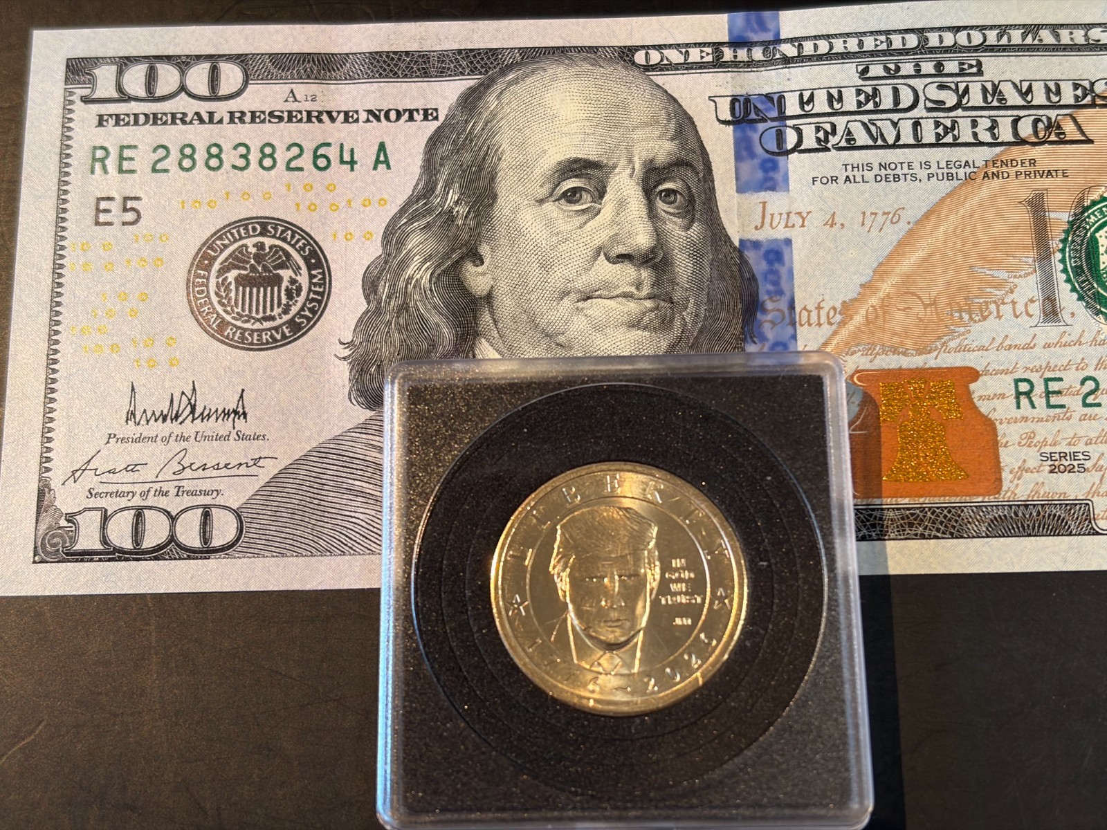 JUST RELEASED -$100 US Dollar with Trump's signature and $1 Trump coin.  In Hand