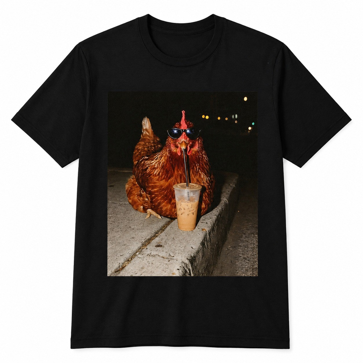 Funny Chicken Drinking Iced Coffee T-Shirt Backyard Chicken Lover Farmer Tee
