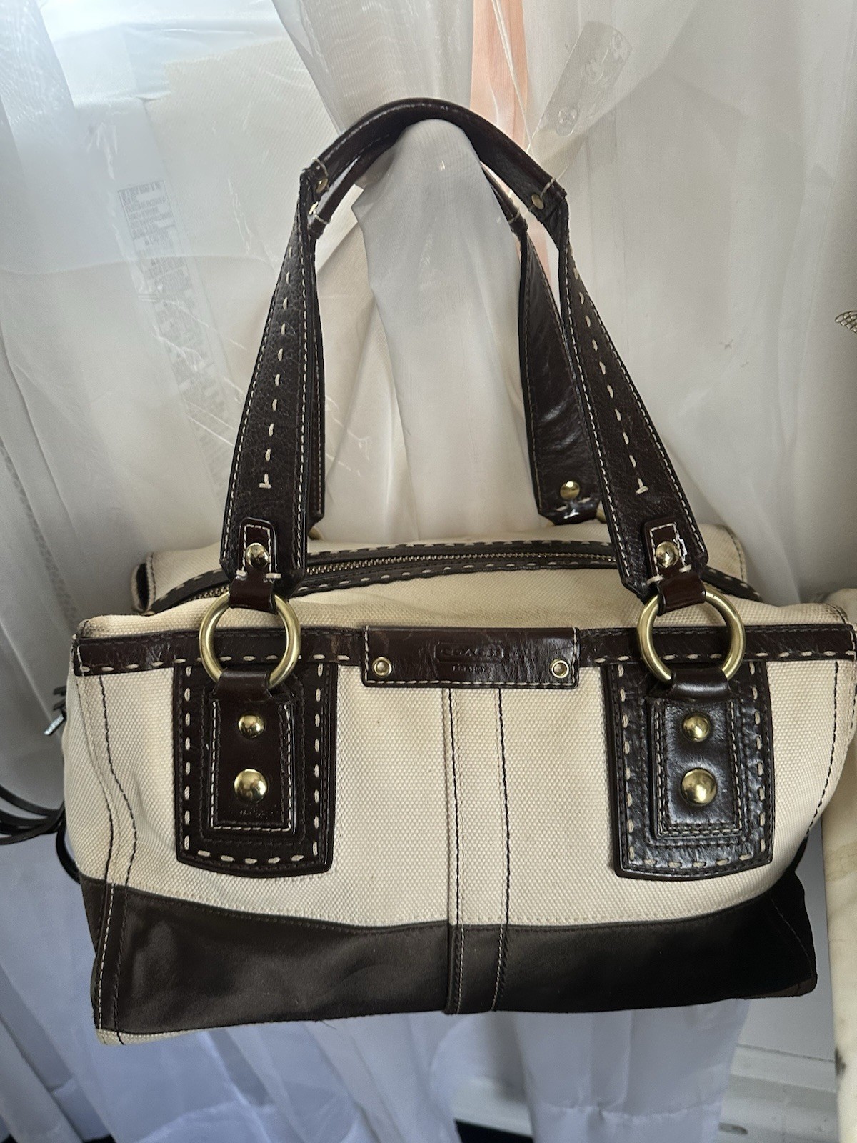 Coach Mahogany Beige Canvas And Leather With Satin #L0669-10369 Coach Mahogany Beige Canvas And Leather With Satin #L0669-10369