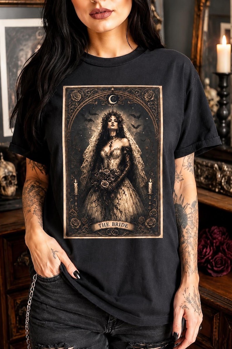 Gothic Bride Tarot Card Shirt, Alternative Wedding Tee, Witchy Bridal Shirt Gothic Bride Tarot Card Shirt, Alternative Wedding Tee, Witchy Bridal Shirt