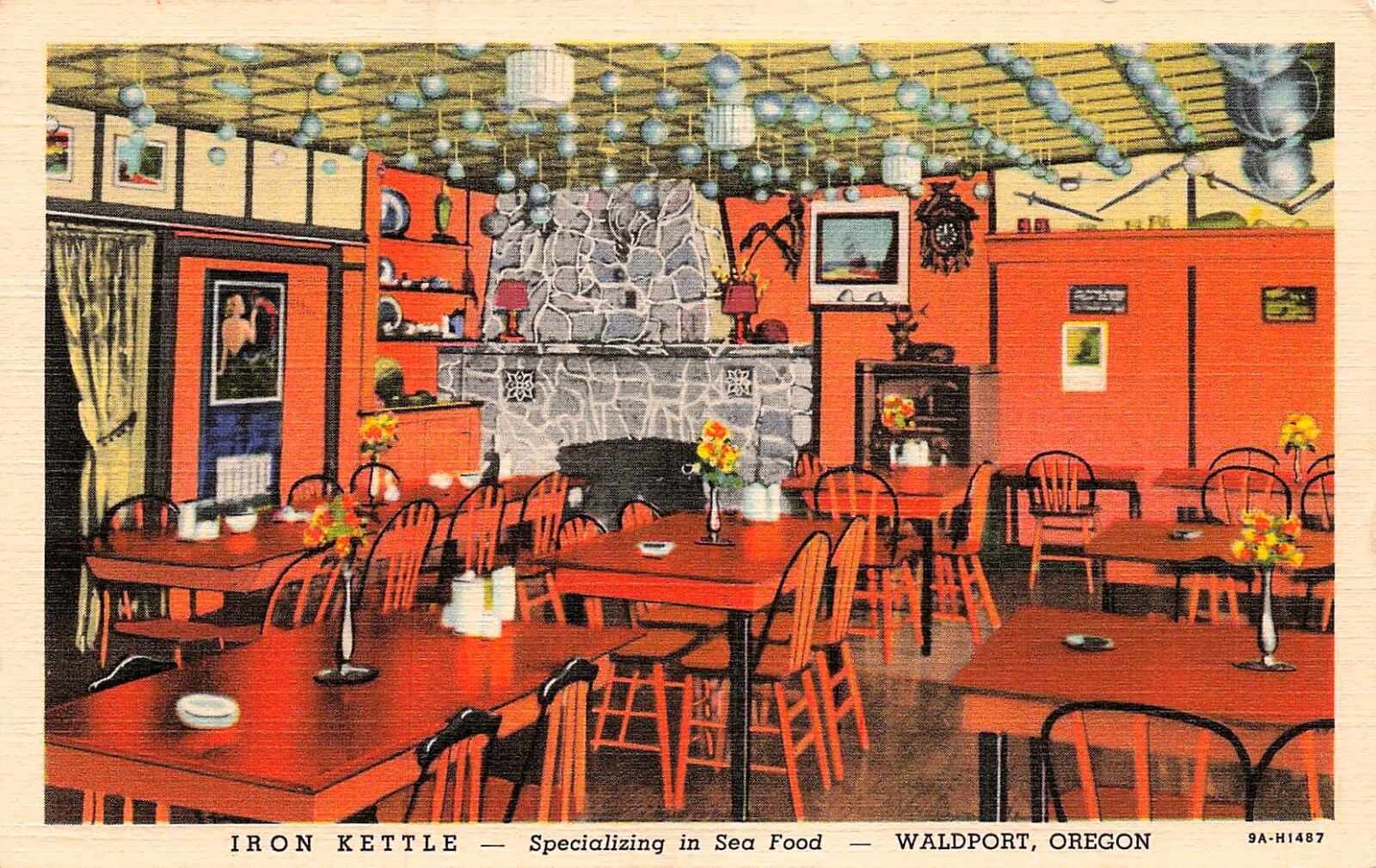 Waldport Oregon Iron Kettle Sea Food Restaurant Interior Vtg Postcard G25