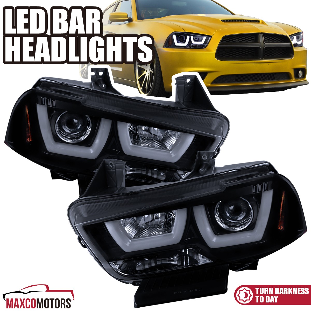 Fits 2011-2014 Dodge Charger Smoke Projector Headlights Dual LED Tube Headlamps