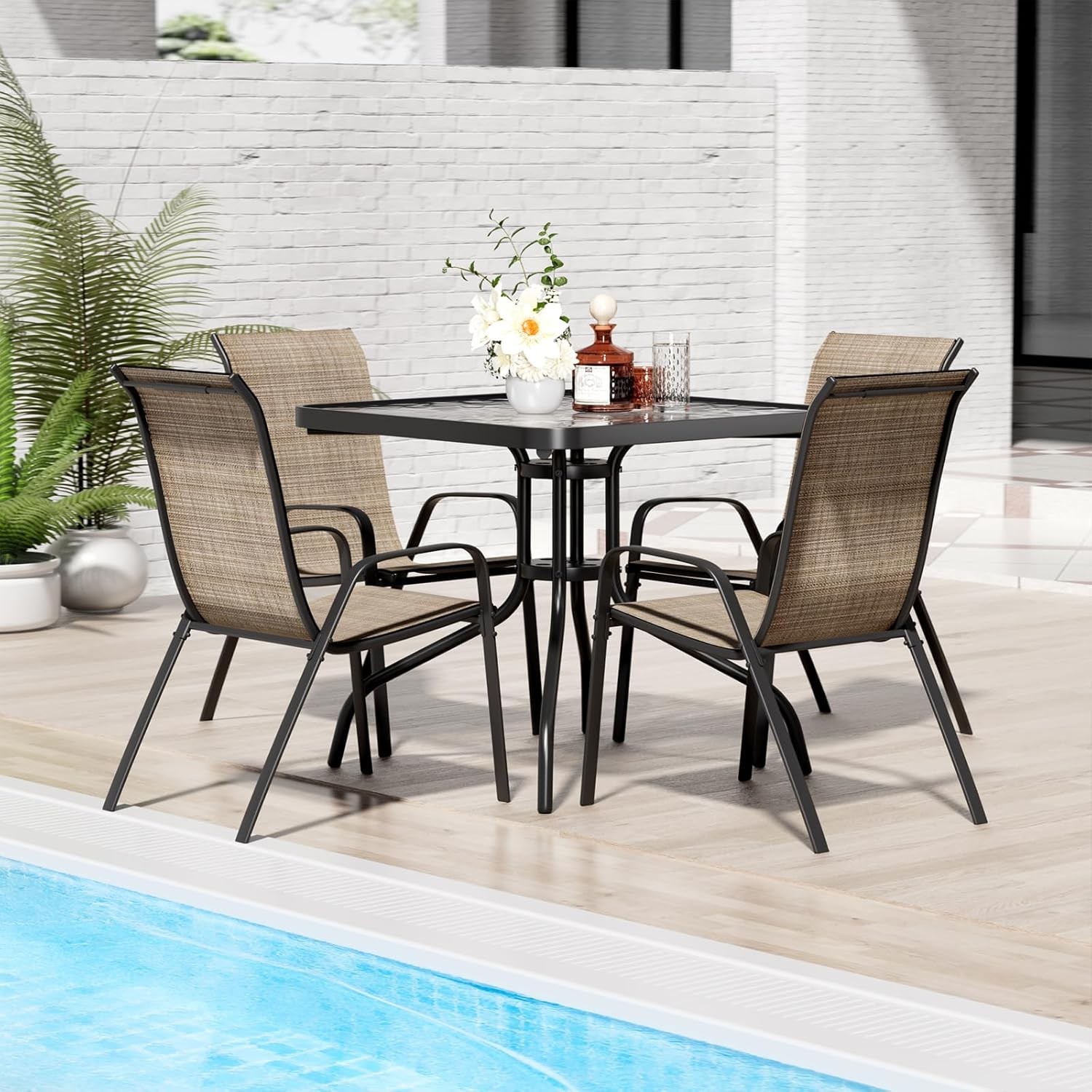 5 Piece Patio Dining Set with Square Table & 4 Textilene Chairs for Outdoor