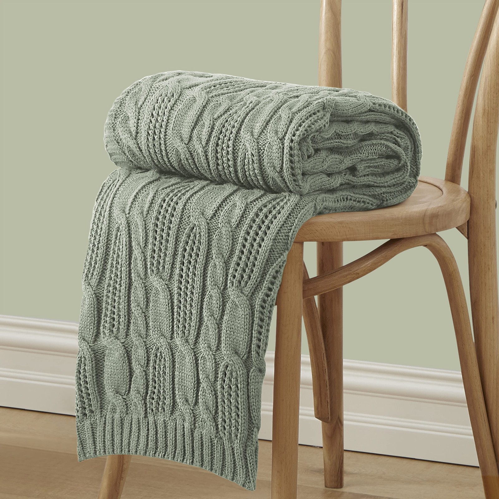 Aormenzy Cable Knit Throw Blanket 60 x 80 Inches Sage Green